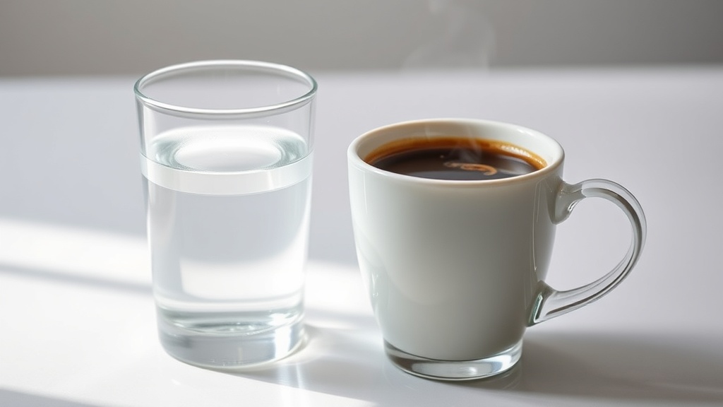 따뜻한 커피 한 잔 옆에 놓인 투명한 물컵이 수분 보충의 중요성을 상징적으로 보여주는 모습