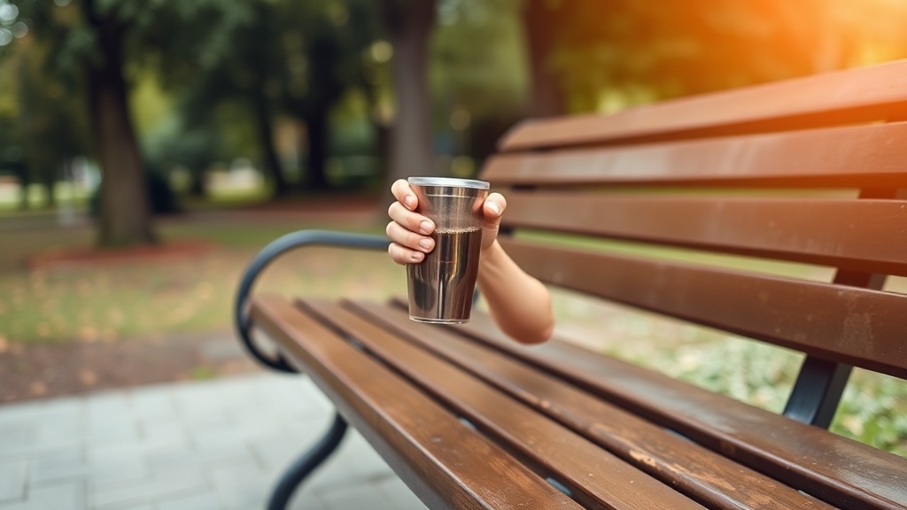 가벼운 운동 후 텀블러를 들고 벤치에 앉아 휴식을 취하며 수분 보충의 중요성을 인식하는 사람의 모습