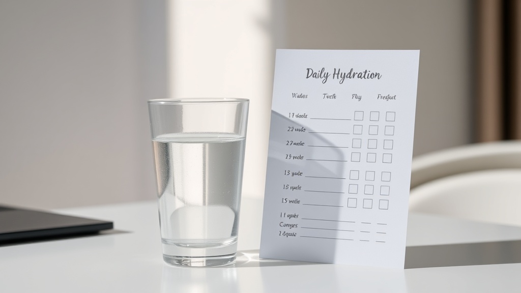 책상 위에 놓인 투명한 물컵과 하루 수분 섭취량을 꼼꼼하게 기록하는 체크리스트가 함께 있는 일상적인 풍경