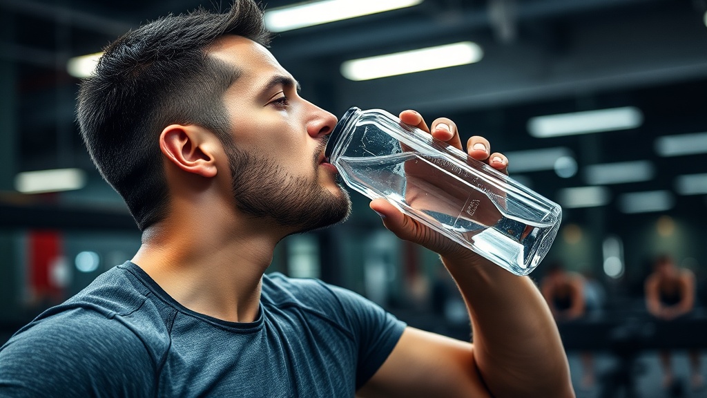 운동 중 텀블러에 든 물을 마시며 휴식을 취하고 있는 사람의 모습