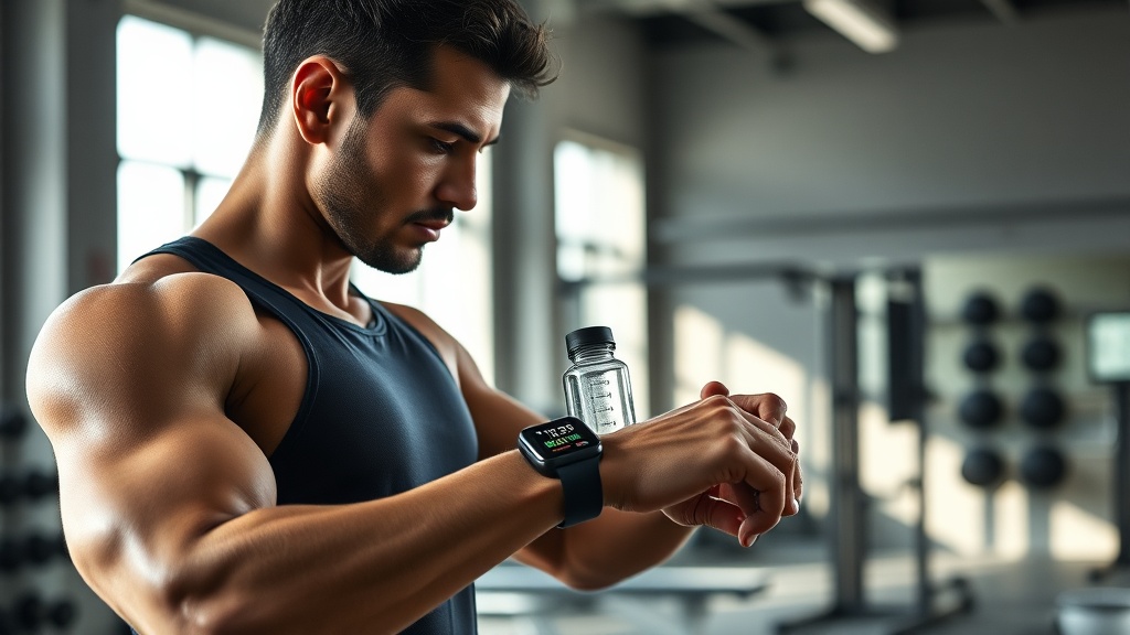 스마트워치와 물병을 옆에 두고 운동 기록을 확인하는 모습