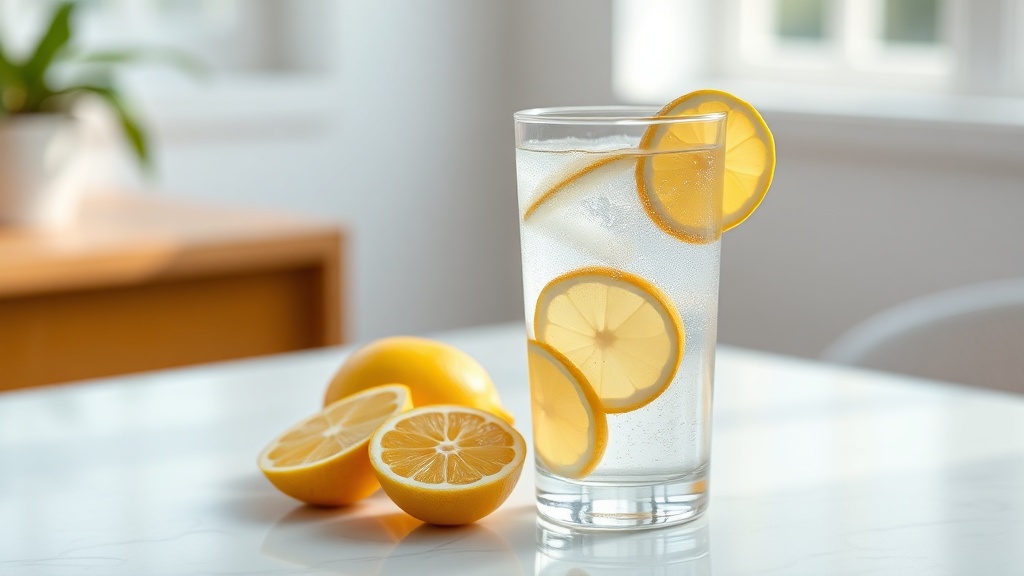 신선한 레몬이 띄워진 물 한 잔이 놓인 책상 풍경